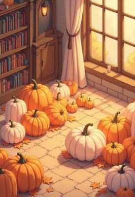 Cozy autumn setting with pumpkins in warm light