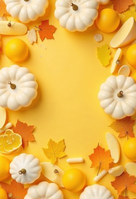 Seasonal autumn decor with pumpkins and fruits on yellow