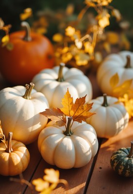 Autumn display of white and orange pumpkins with leaves