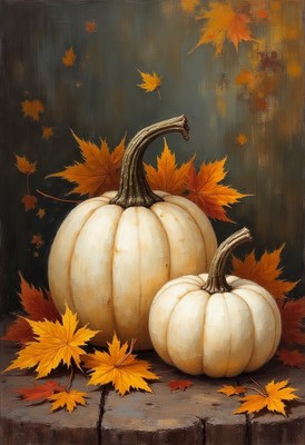 White pumpkins and autumn leaves create cozy fall ambiance