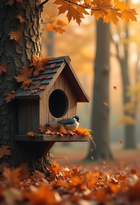 Cozy birdhouse nestled in autumn leaves with a bird