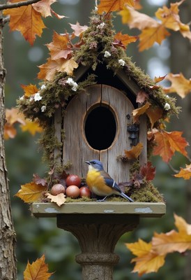 Bird perched near a beautifully decorated birdhouse