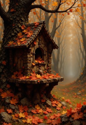 Wooden birdhouse surrounded by autumn leaves in forest