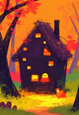 Cozy house glows warmly in autumn forest setting