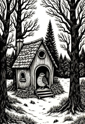 Bird in a cozy wooden house amidst tall trees