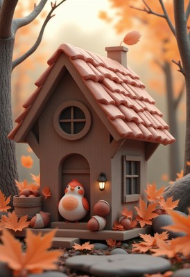 Cute birdhouse with autumn leaves and a bird outside