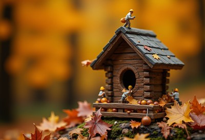 Miniature autumn scene with tiny figures and a cabin