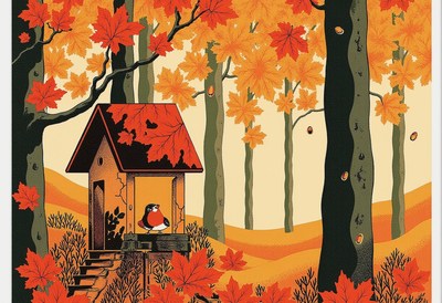 Charming cabin in a vibrant autumn forest setting