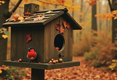 Birdhouse with colorful leaves in autumn forest