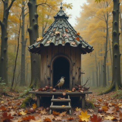Birdhouse nestled in autumn forest surrounded by leaves