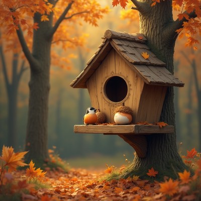 Birdhouse nestled among autumn trees with vibrant leaves