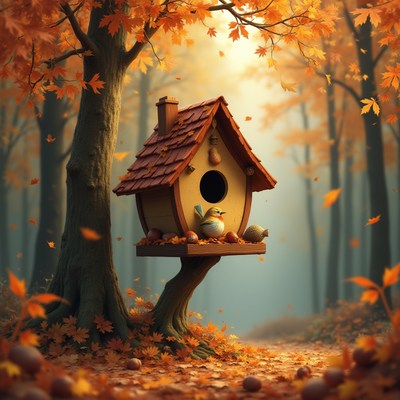 Birdhouse nestled in autumn foliage with sunny background