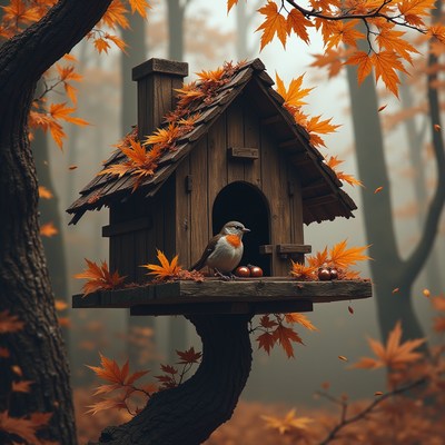 Birdhouse in autumn forest with vibrant leaves and bird