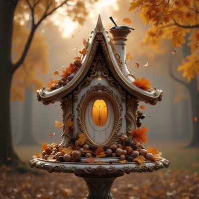 Decorative birdhouse surrounded by autumn leaves