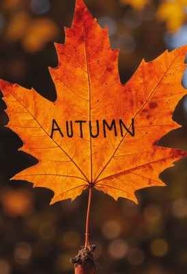 Vibrant autumn leaf with the word autumn inscribed