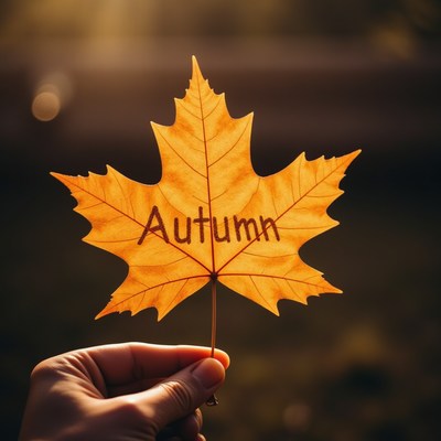 Hand holding an autumn leaf with the word autumn written