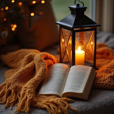 Cozy reading nook with lantern and warm accessories