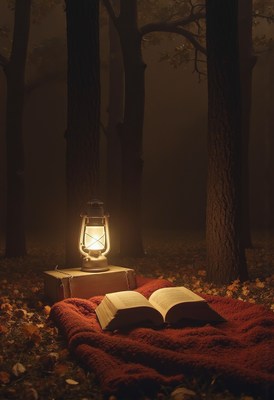 Reading under warm lantern light in a forest at night