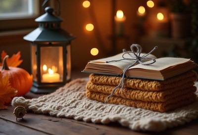 Cozy autumn scene with books and lantern in warm light