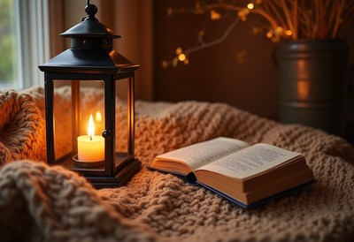 A warm candle flickers beside an open book on a soft blanket