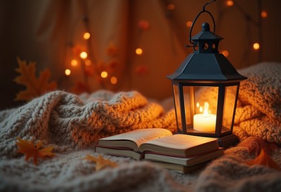 Cozy evening with a book and candlelight glow