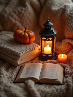 Cozy autumn evening with a book, candles, and pumpkin