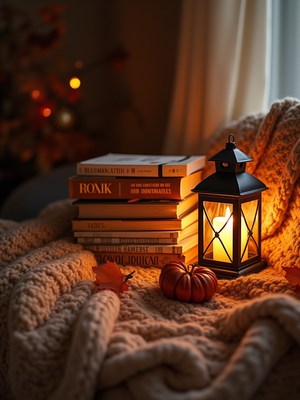 Warm autumn evening by the cozy fireplace with books