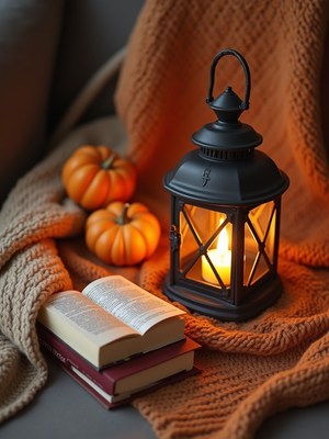Cozy autumn evening with lantern, books, and pumpkins