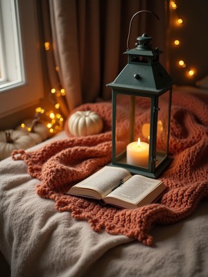Cozy autumn evening with a book and candlelight