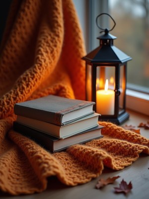 Cozy reading nook with books and lantern light