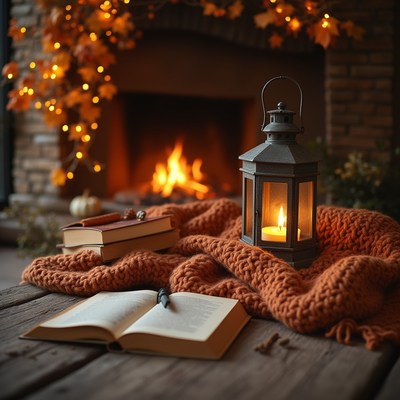 Warm autumn evening by the fireplace with a cozy setup