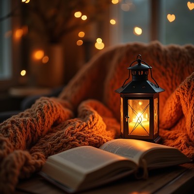 Cozy reading nook with lantern and warm blanket glow
