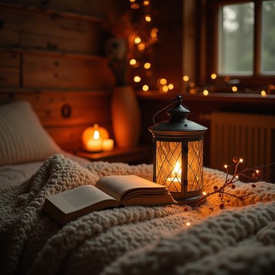 Cozy evening with a lantern and an open book
