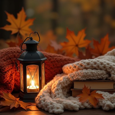 Cozy autumn evening with lantern and warm blankets