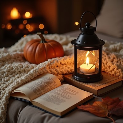 Cozy autumn evening with lantern, book, and pumpkin