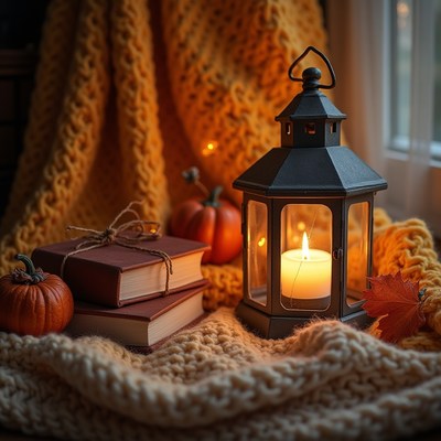 Cozy autumn evening with lantern and books by the window