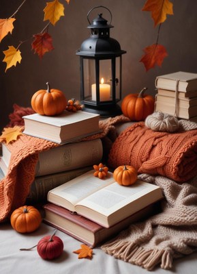 Cozy autumn arrangement with books and pumpkins