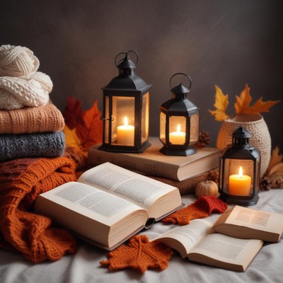 Cozy autumn reading setup with lanterns and warm blankets