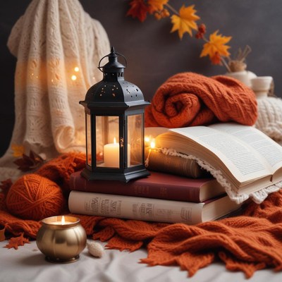 Cozy autumn setup with books, lantern, and warm colors