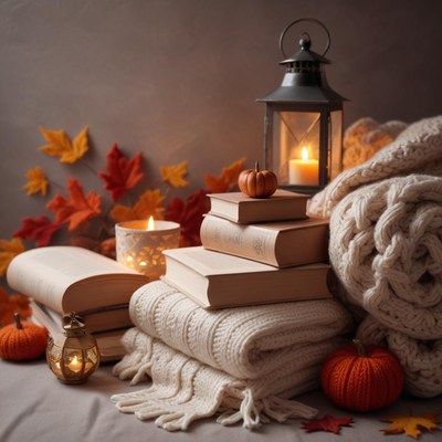 Cozy fall display with books and autumn decorations