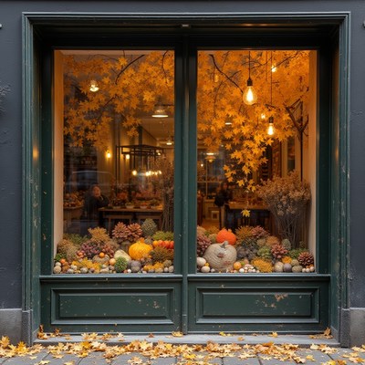 Fall display in a cozy shop window during autumn