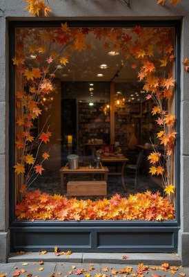 Autumn leaves decorate cozy bookshop window display