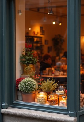 Charming cafe window displaying decorative plants and lights