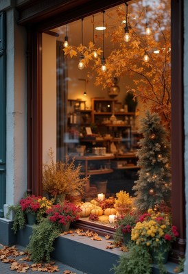 Colorful autumn display in a cozy shop window