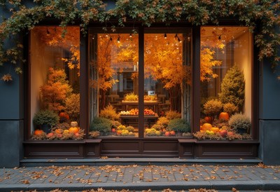 Autumn display showcases vibrant fall foliage and pumpkins