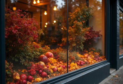 Autumn display with pumpkins and colorful leaves in a cafe