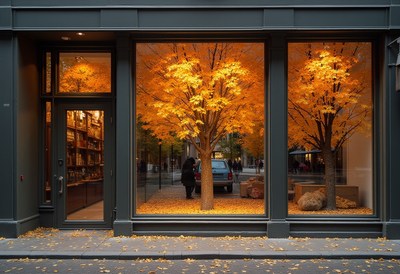 Autumn trees glow in shop window during late afternoon