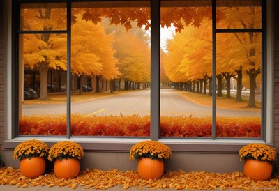 Autumn view with pumpkins and vibrant foliage in town