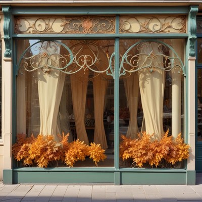 Autumn display in a vintage shop window with leaves