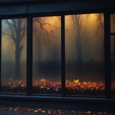 Autumn reflections on a misty window at dawn